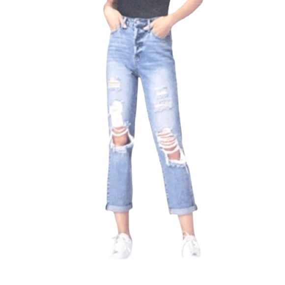 Simple Society Distressed Eco Friendly High Rise Mom Jeans - Picture 1 of 14